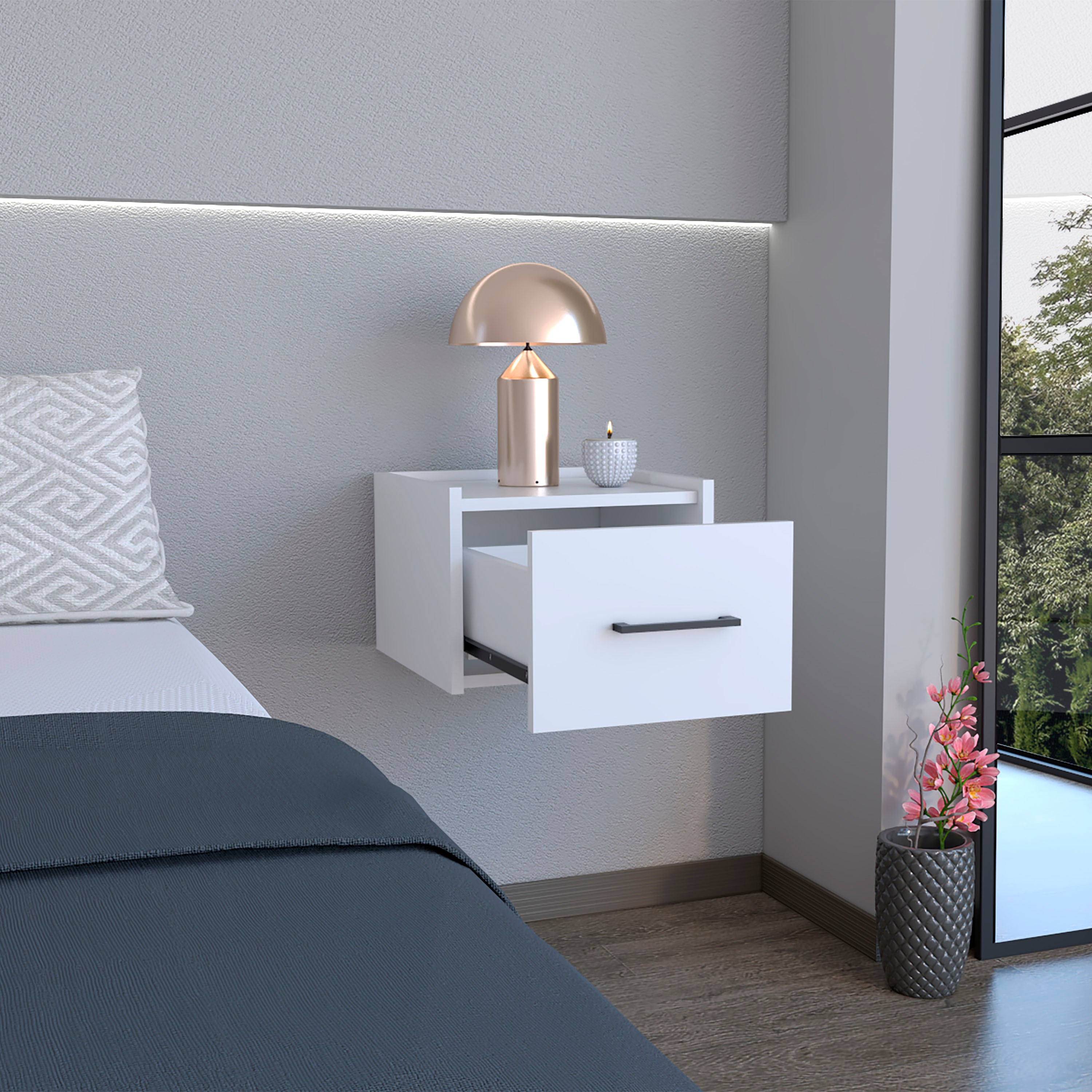 White Floating Nightstand with Drawer and Open Shelf