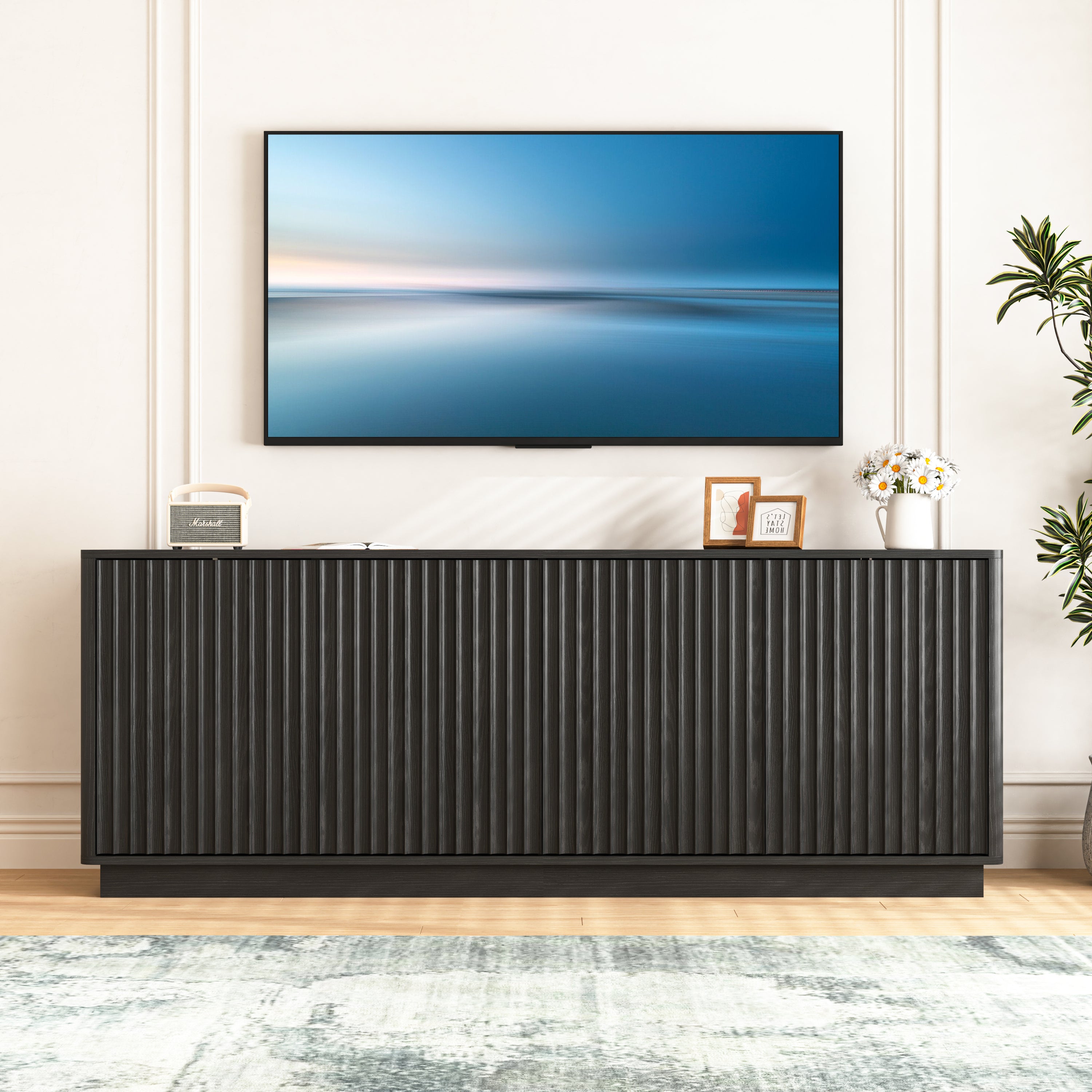 Fluted Sideboard Buffet Cabinet, 63in Black 4-Door TV Stand Credenza