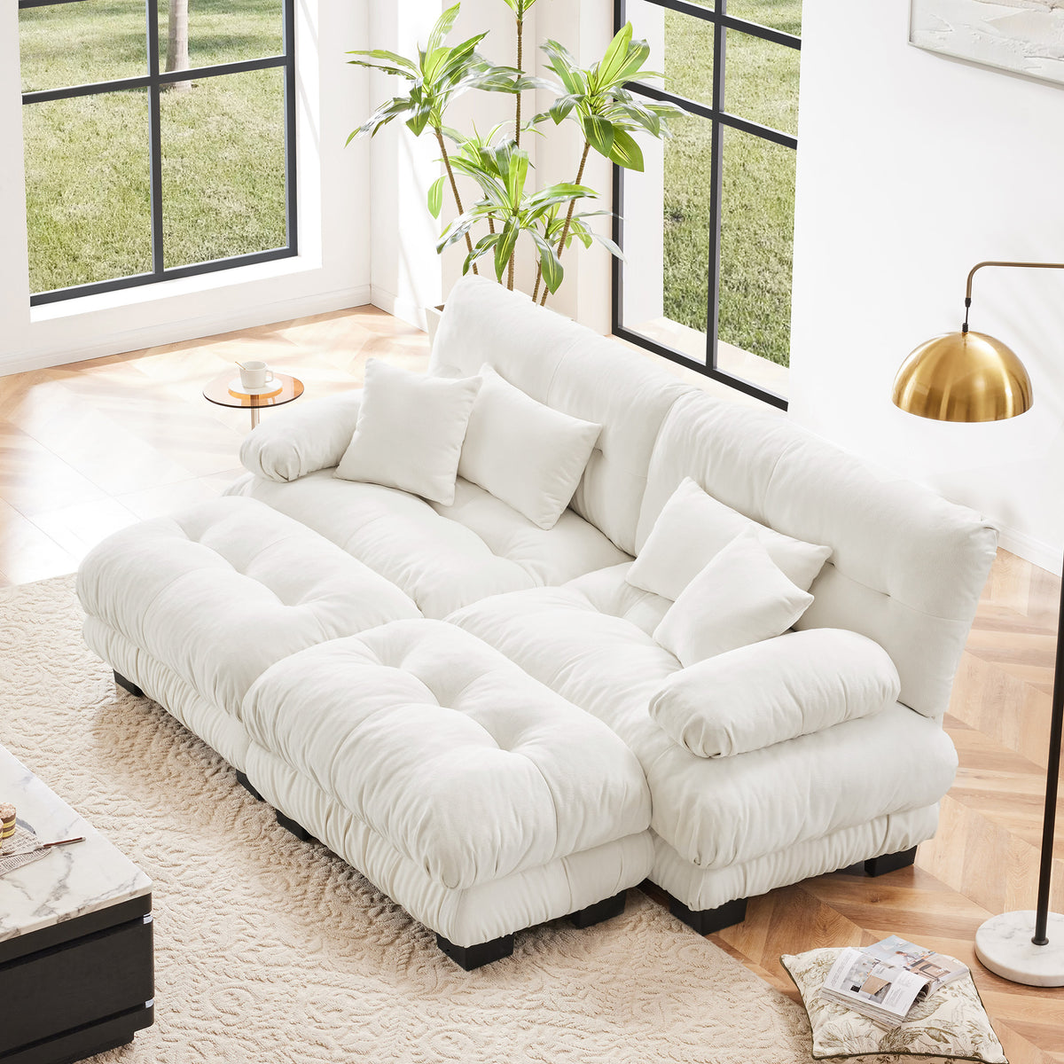 White Chenille 2-Seat Couch with 2 Ottomans