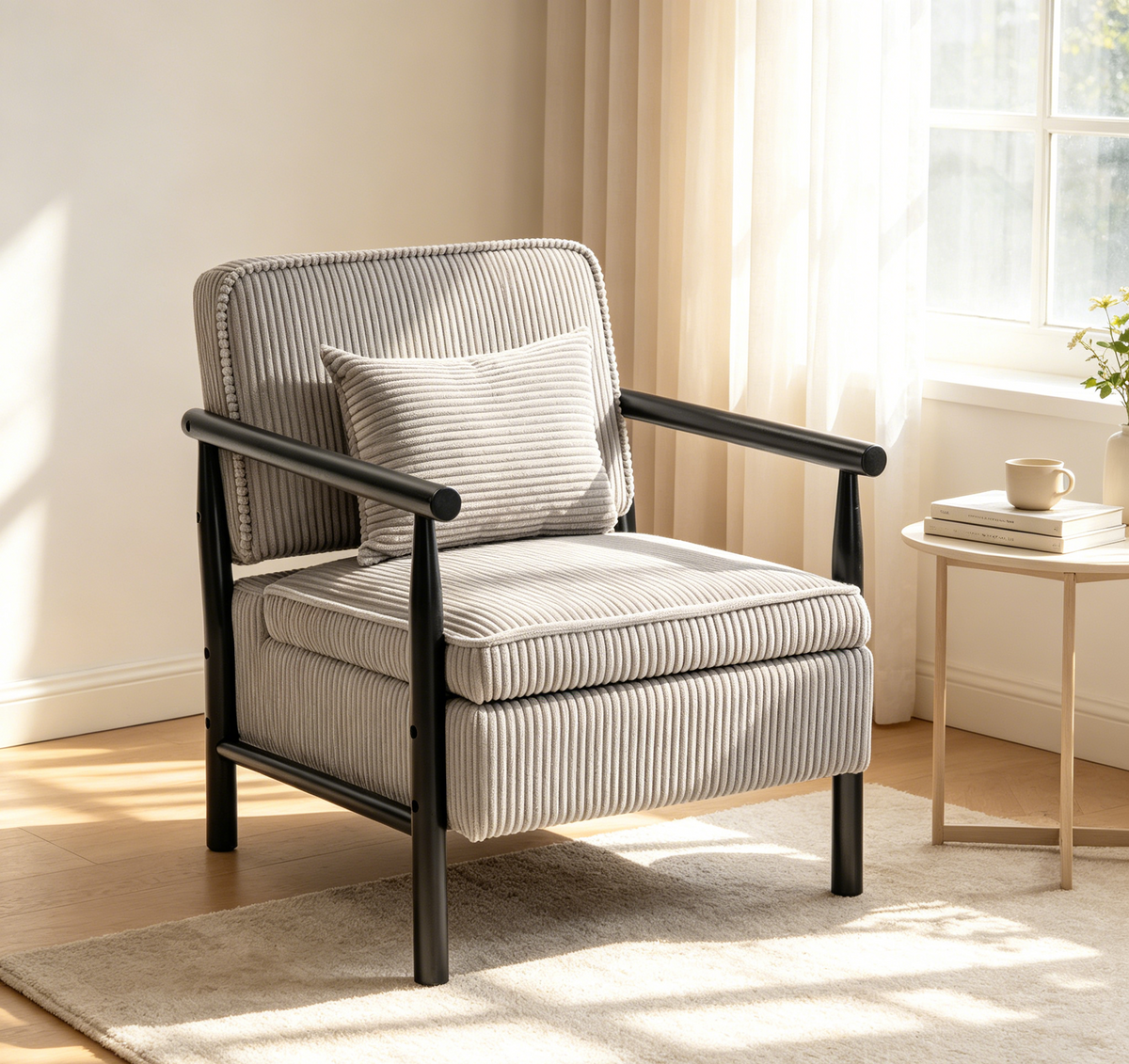 Gray Corduroy Accent Chair with Storage