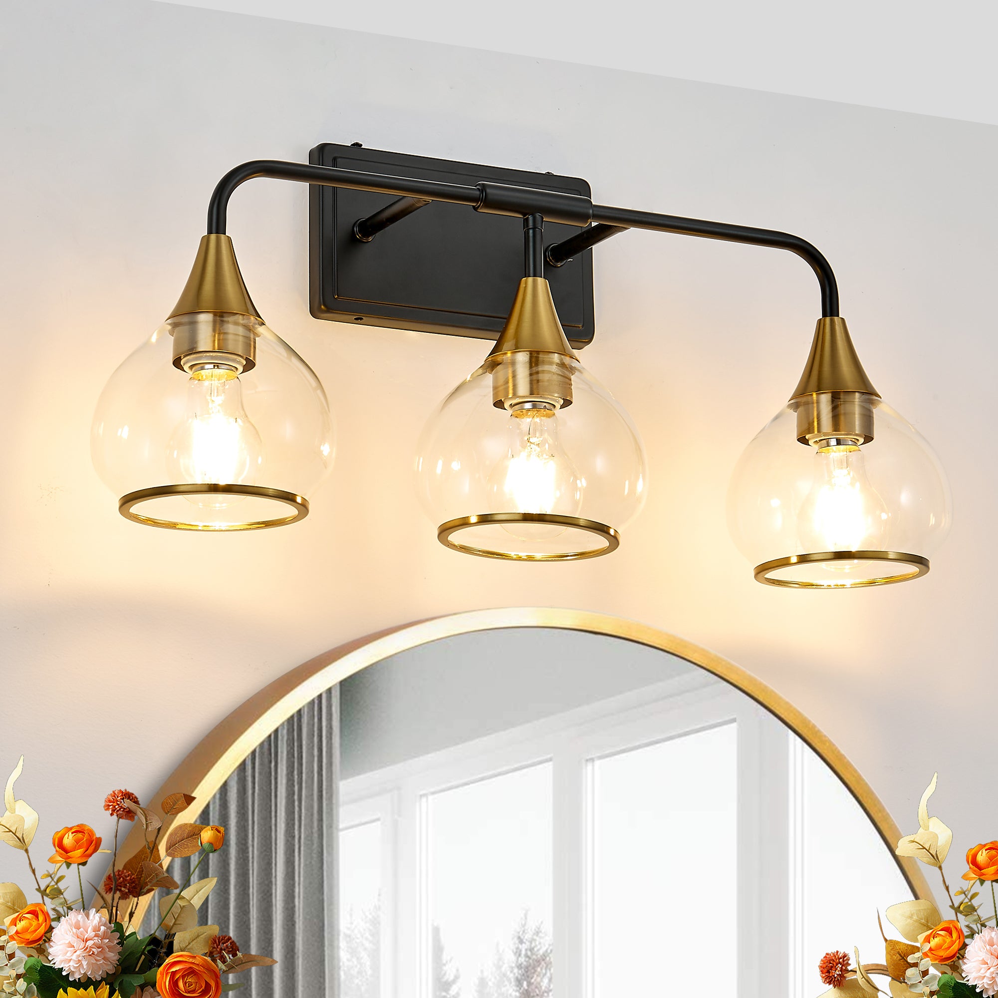 Vanity Light with Glass Shades, 3-Light, Black and Gold