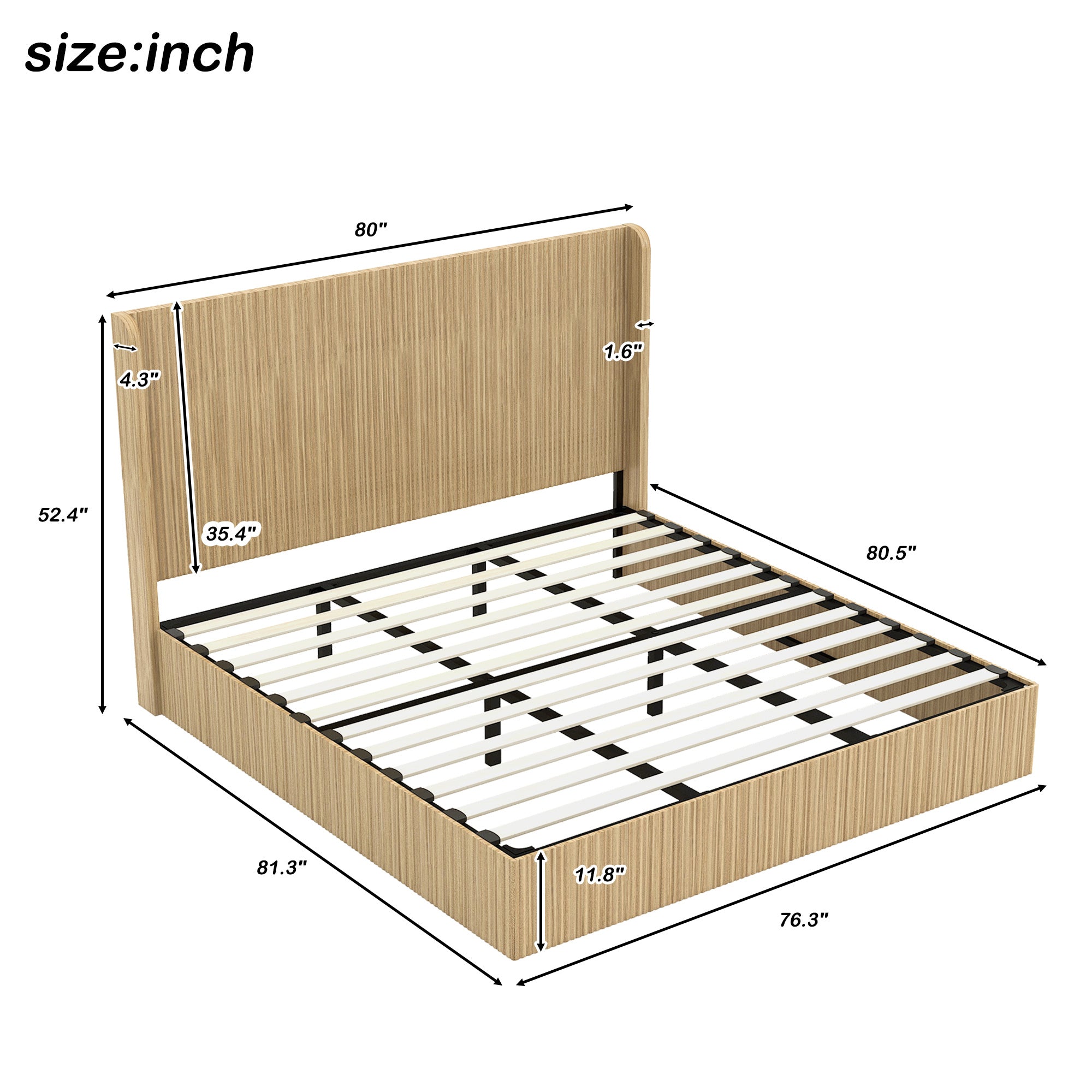 Labeled size diagram of king bed frame dimensions in inches
