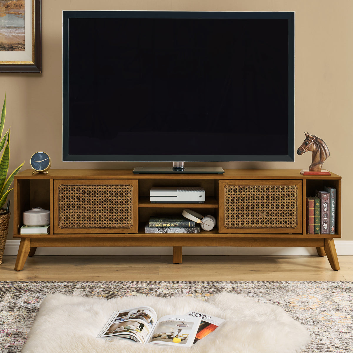 Walnut TV Stand for TVs up to 75 in, 67.9 in Wide, Light Walnut