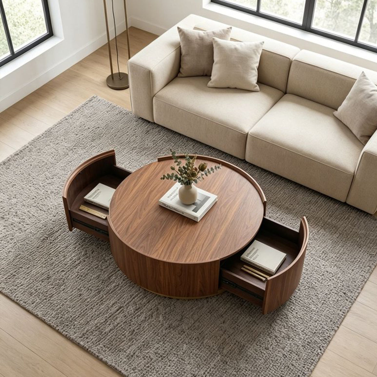 Walnut Round Coffee Table with Storage, 39.4 in, Drum