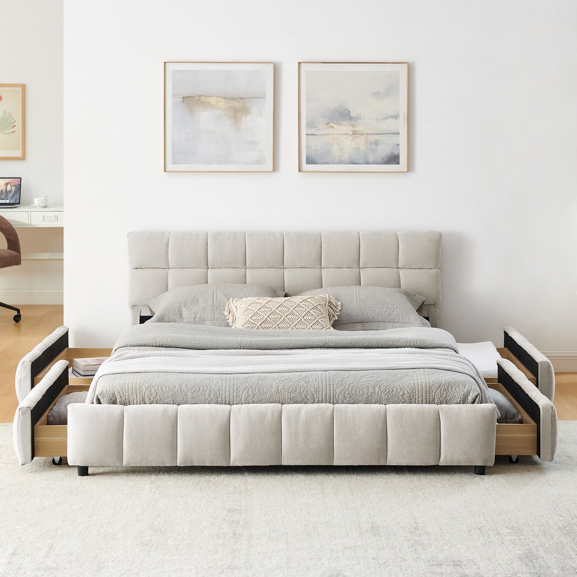 Styled front view of the low beige chenille queen platform bed with grid-tufted headboard
