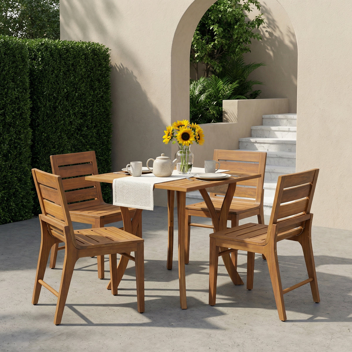 Teak Finish Solid Wood 5-Piece Patio Dining Set