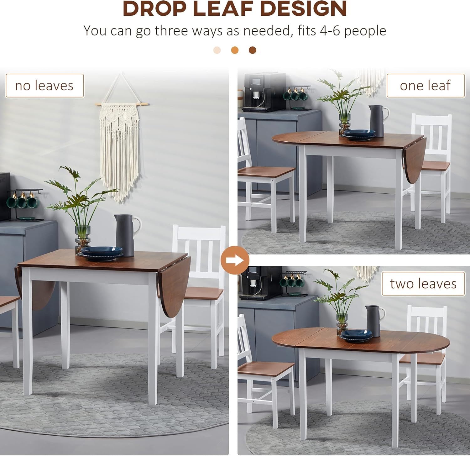 Graphic showing the drop-leaf table in three setups with no, one, and two leaves for 4 to 6 people