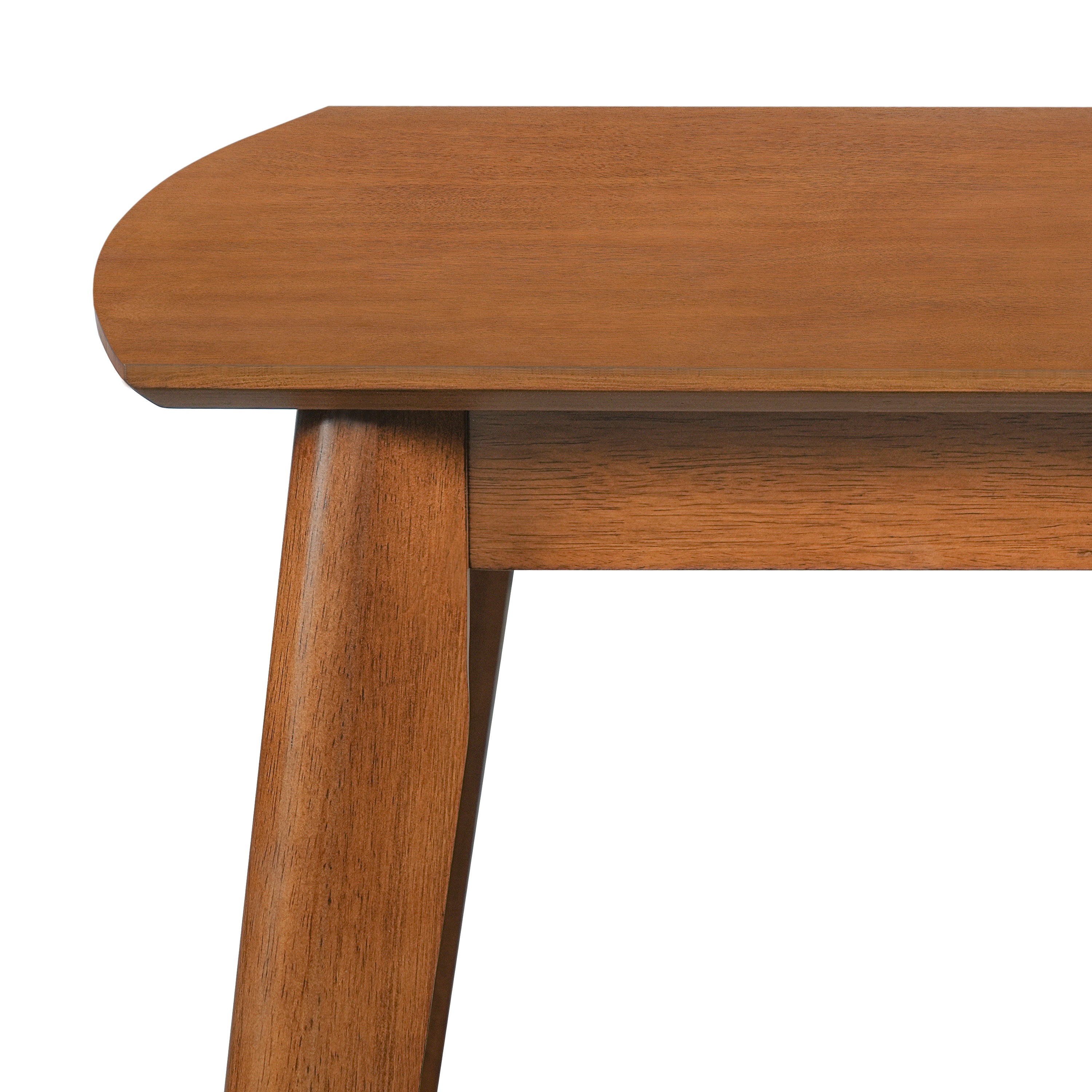 Close-up of the leg-to-tabletop joint at a rounded corner of the brown dining table, white background