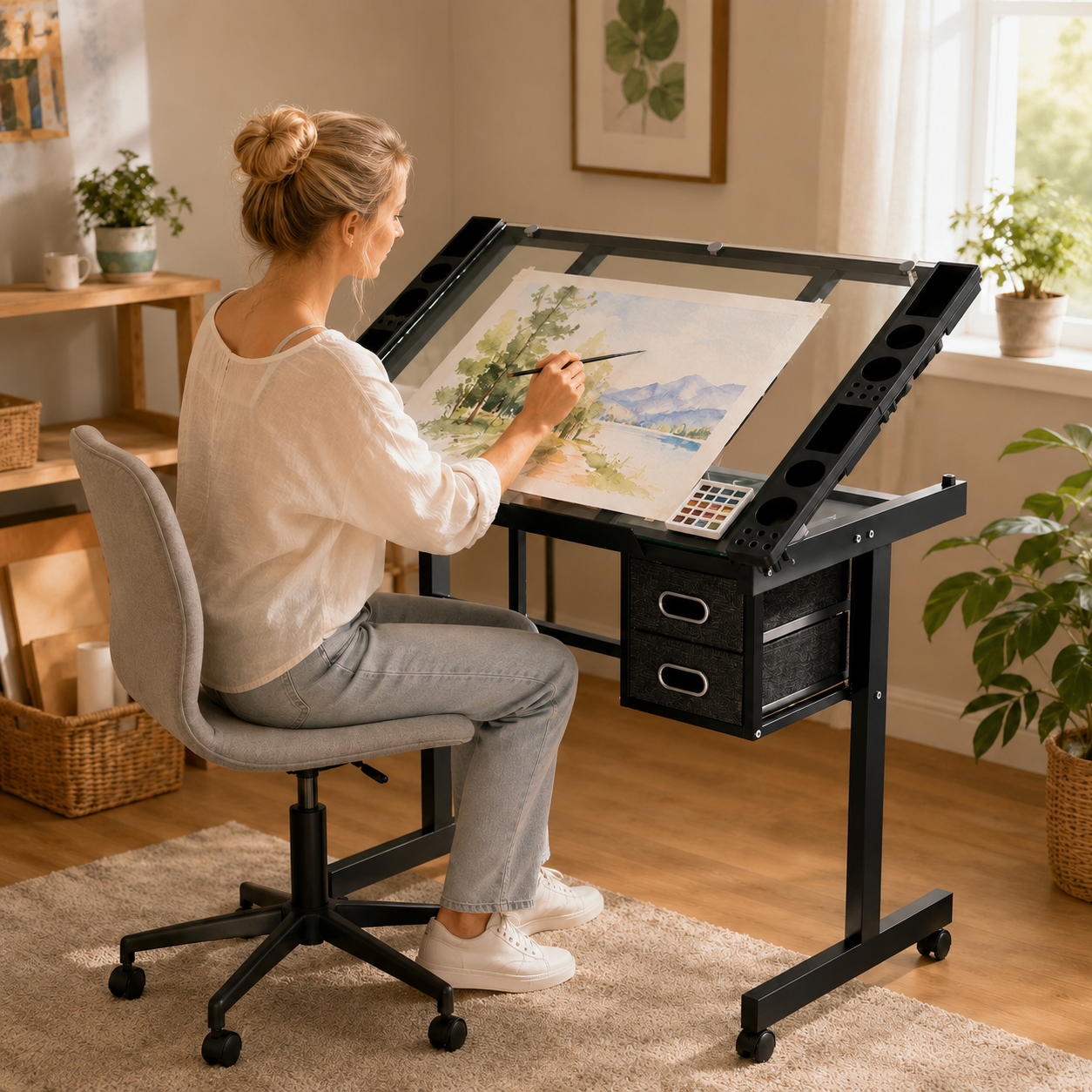 Rolling Office Desk, 40.6 in, Black