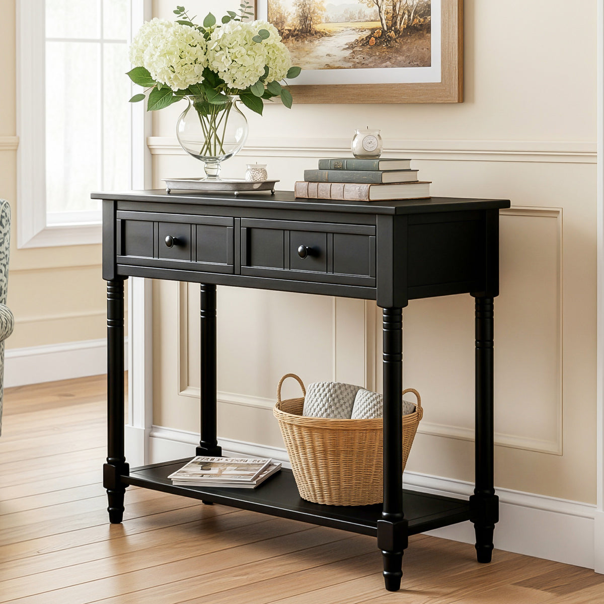 Black Console Table with Storage, 35.4 in Wide