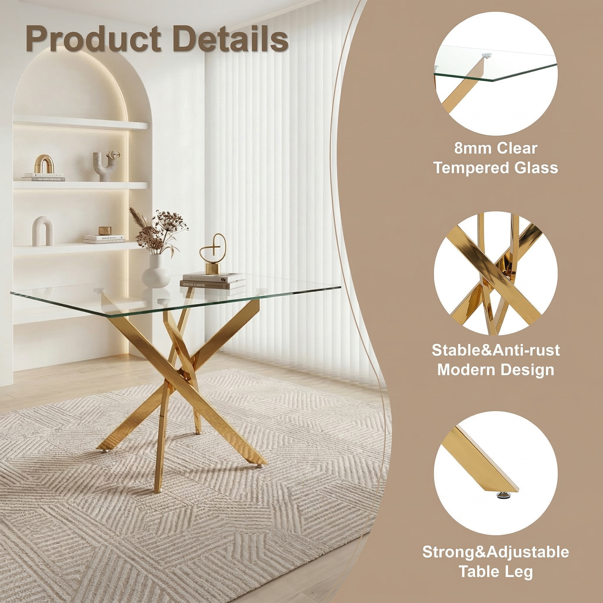 Feature graphic listing 8mm tempered glass and anti-rust adjustable gold legs