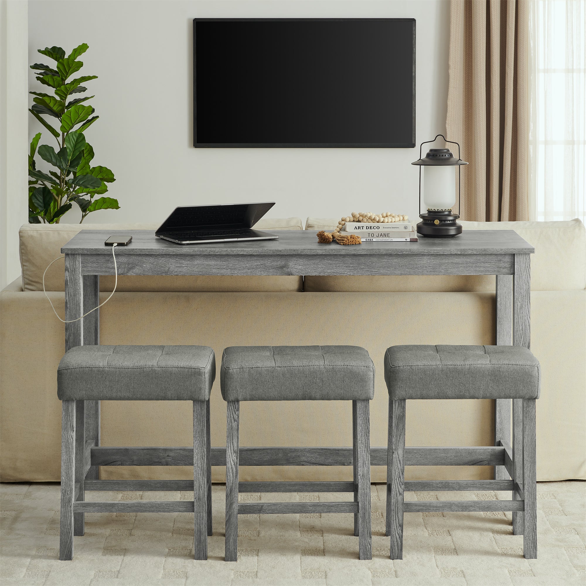 4-Piece Bar Table Set with Power Outlet and 3 Stools, Grey