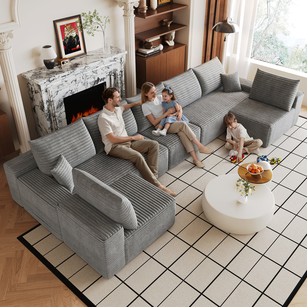 Gray Corduroy U-Shaped Sectional Couch, No Assembly, 166 in Wide