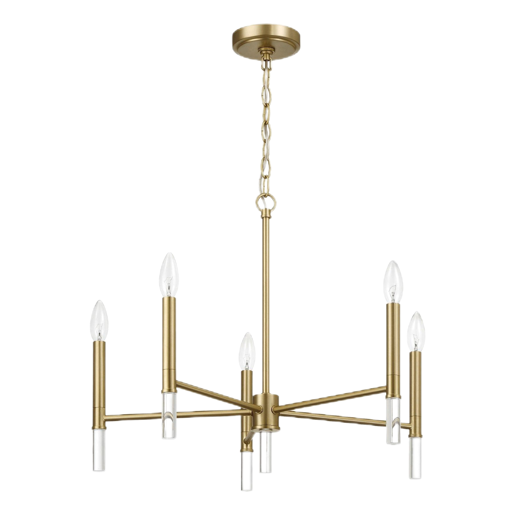 Chandelier, 5-Light Brass and Glass, Gold Finish