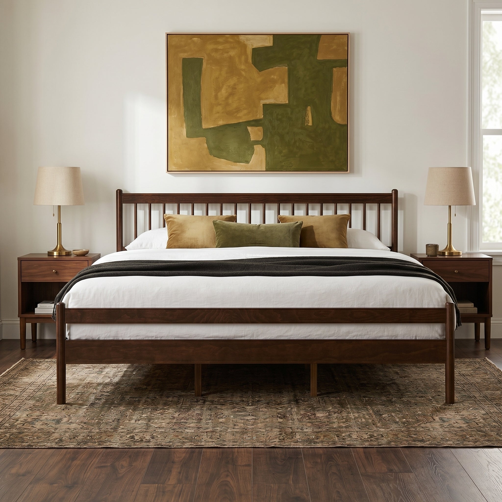 Walnut pine king bed with lamps and abstract art above headboard