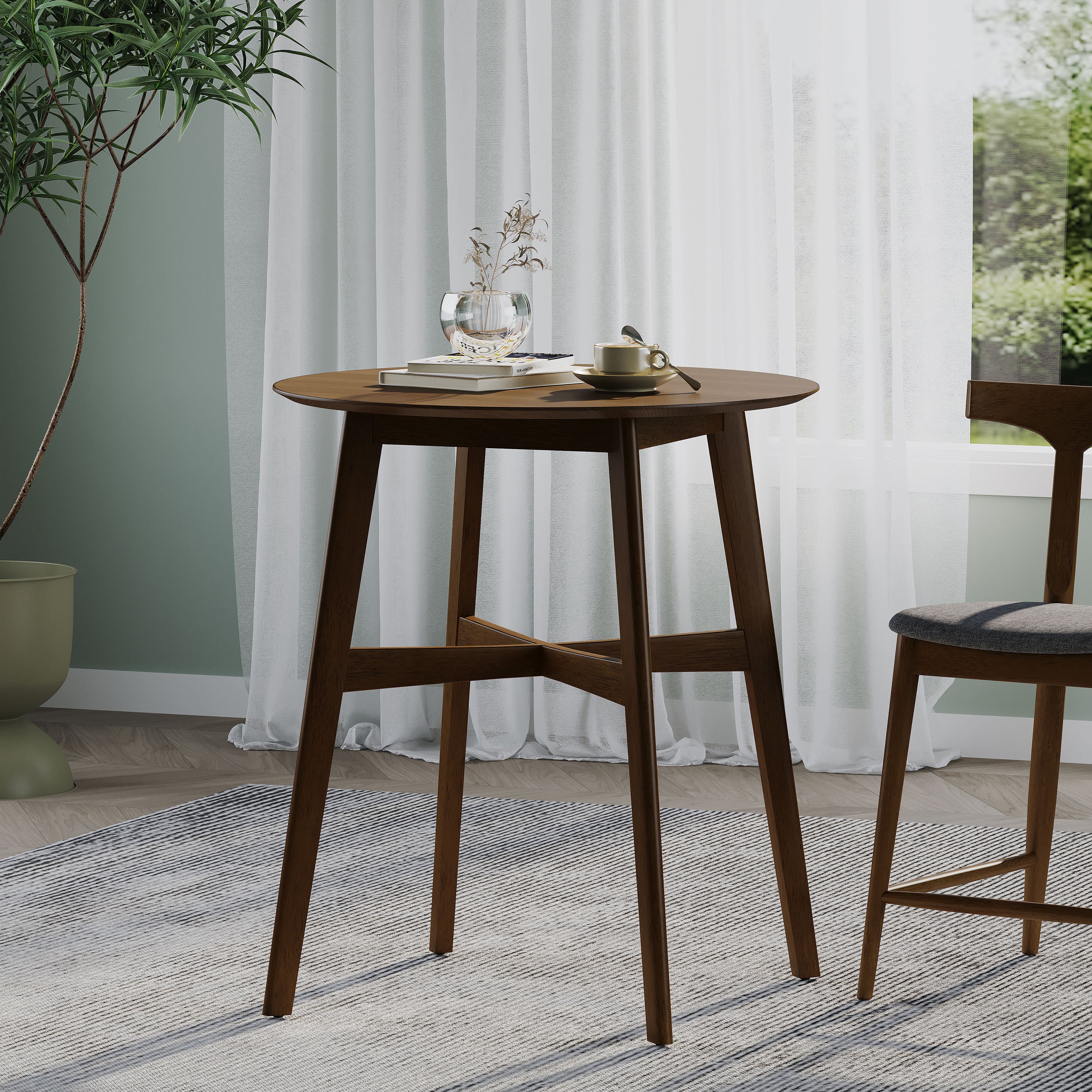Counter Table, Round Walnut-Brown Wood Mid-Century Pub Table
