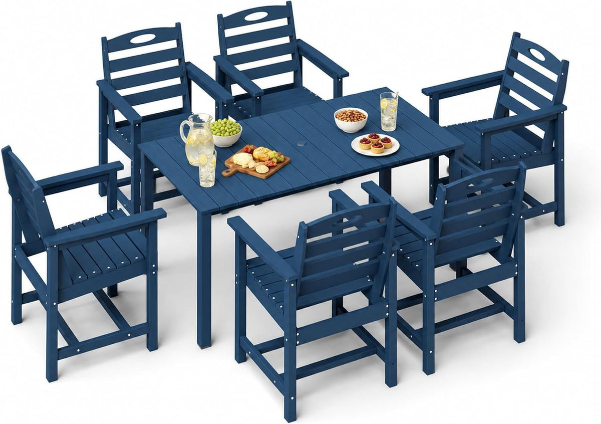 Blue HDPE 7-Piece Patio Dining Set with Umbrella Hole