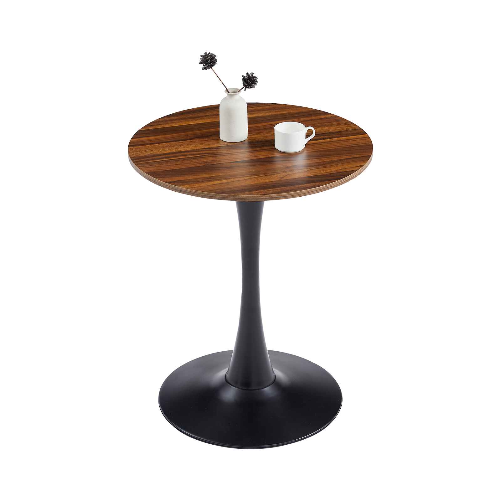 Three-quarter studio view of dark wood-grain round bistro table on black tulip pedestal, vase and cup on top