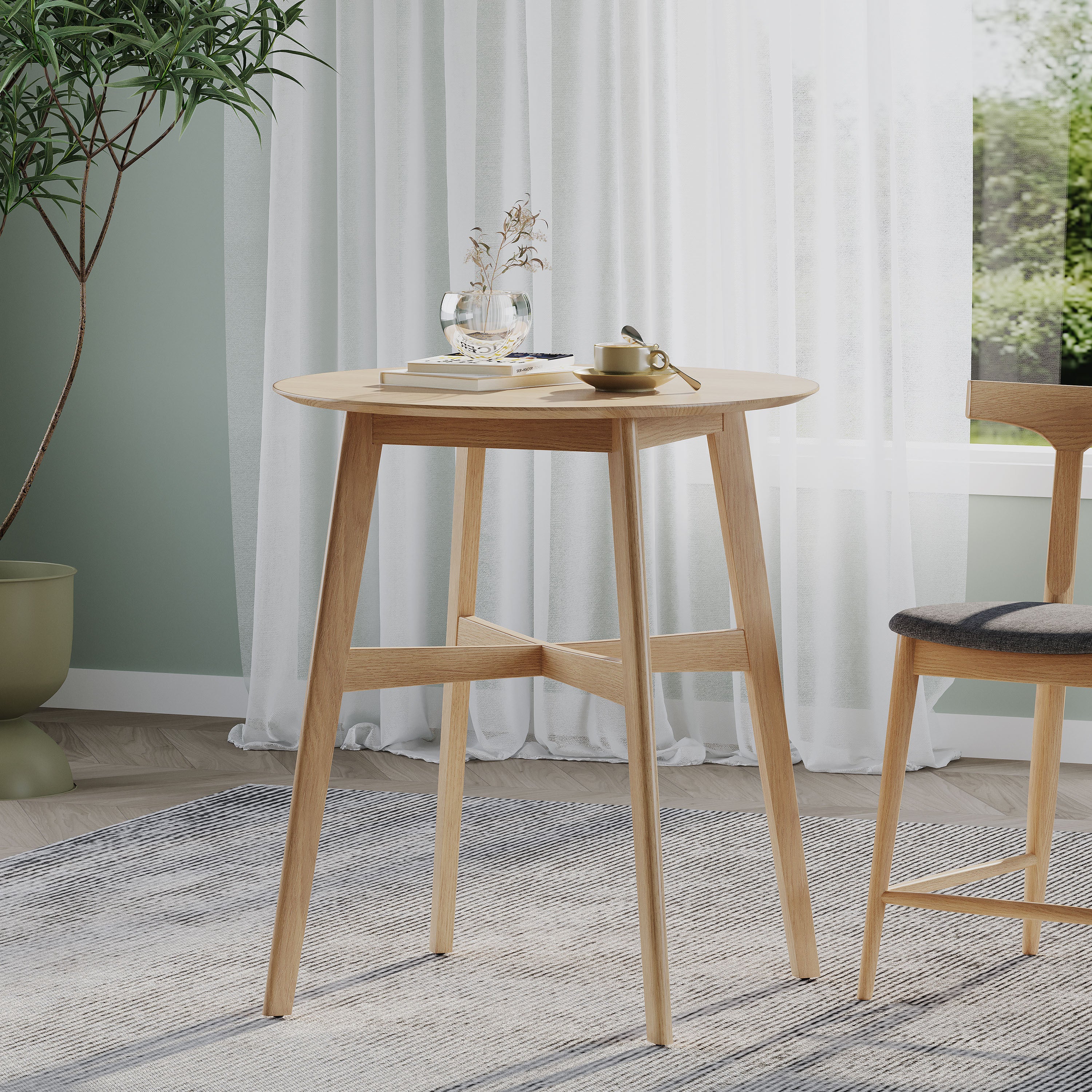 Counter Table, Round Mid-Century Wood 35-inch, Natural Oak