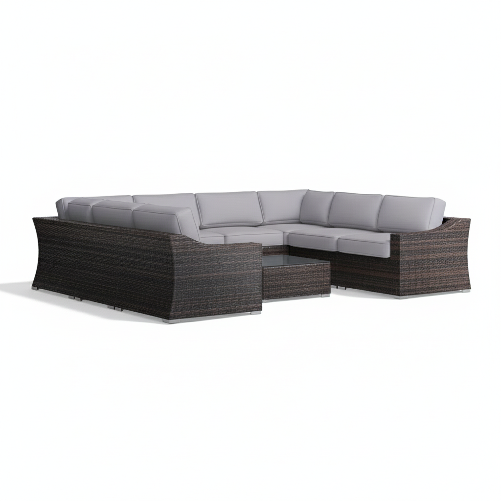 Brown Wicker Outdoor Sectional Set for 6 with Cushions, Glass Top