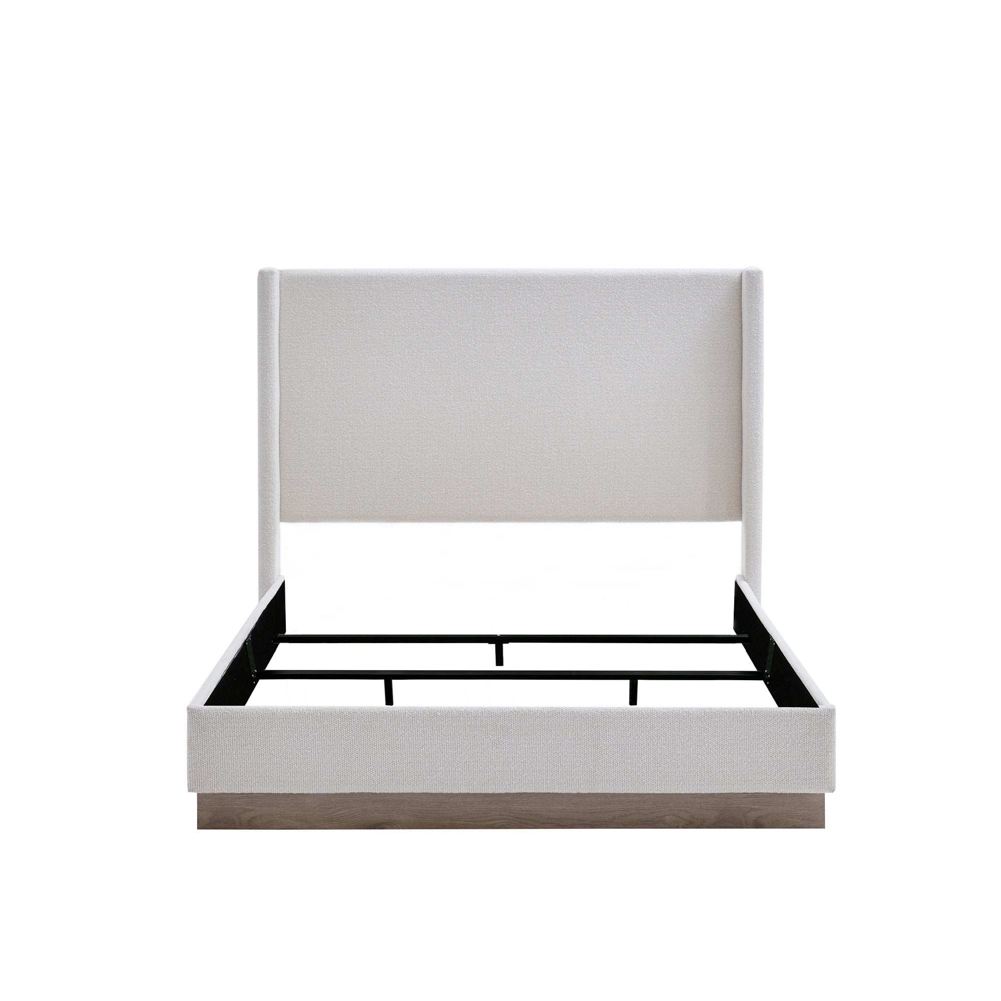 Cream boucle king bed with tall wingback headboard, bedroom view