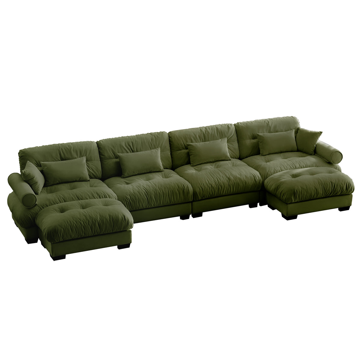 Olive Green Velvet Sectional Couch with 2 Ottomans