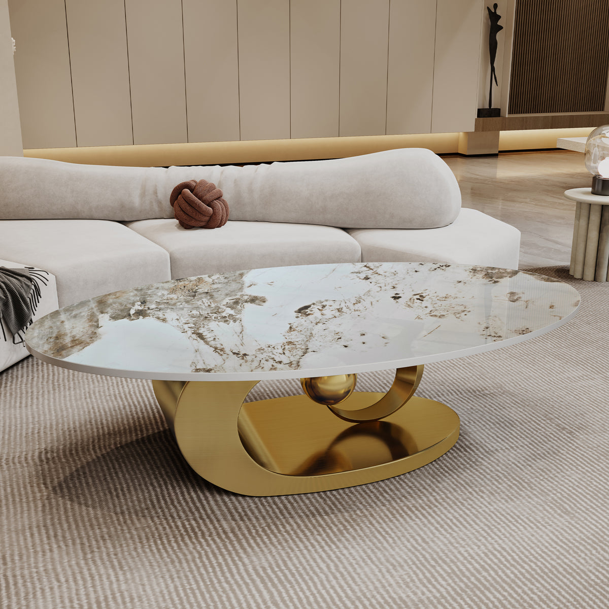Gold Sintered Stone Oval Coffee Table, 49.2 in, Bold Brown Veining