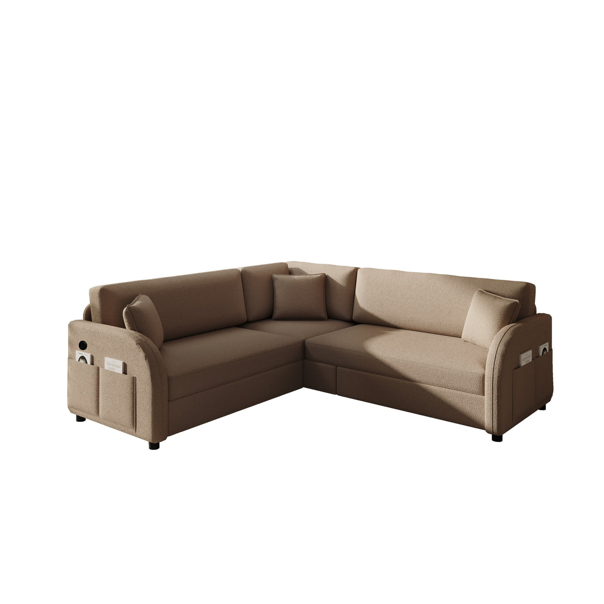 Brown Sherpa L-Shaped Sleeper Sectional, USB Charging, 85.1 in Wide