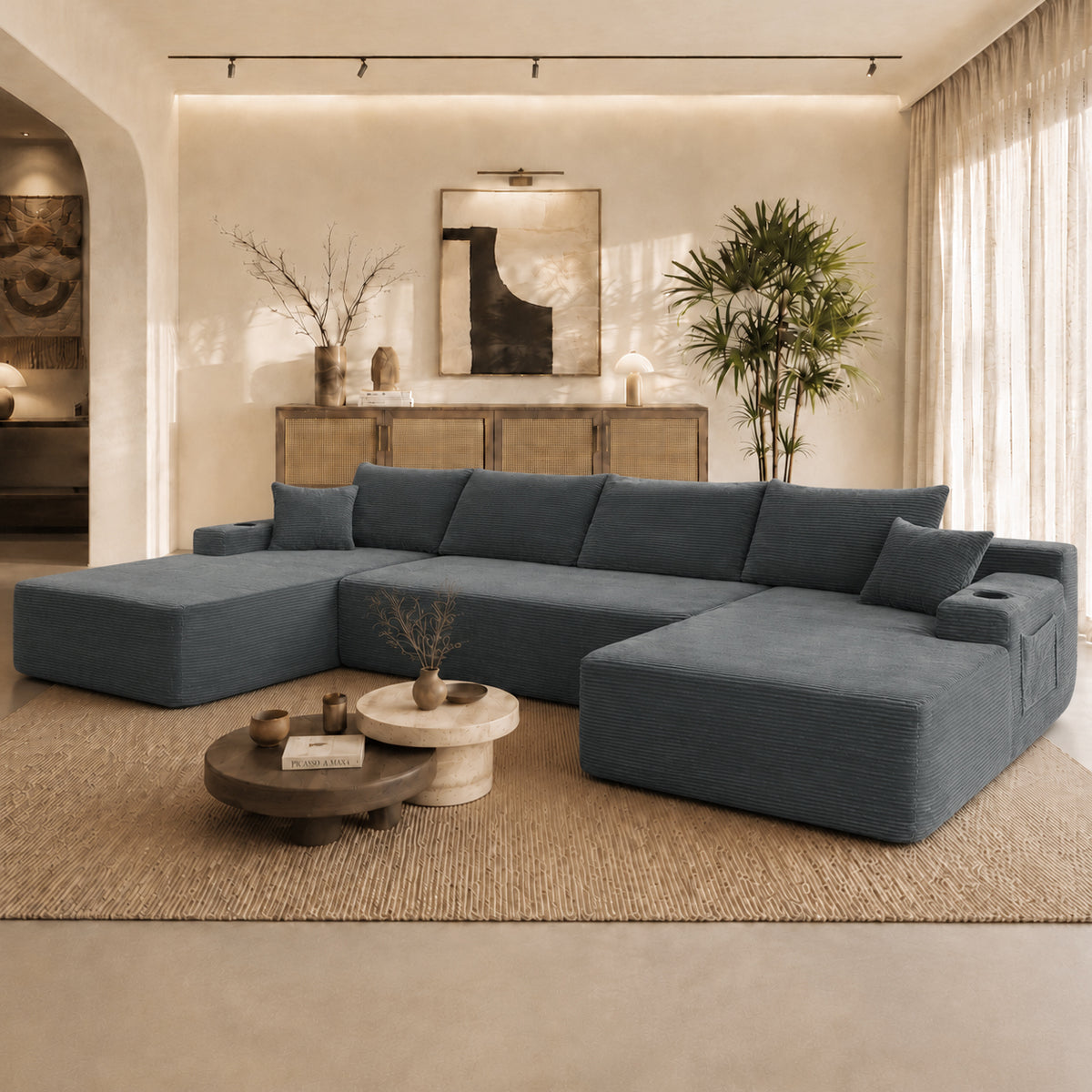 Gray Corduroy U-Shaped Modular Sectional, 126 in Wide