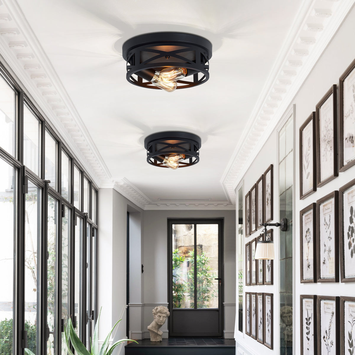 Flush Mount Light, 2-Light Crisscross Cage, Set of 2, Matte Black