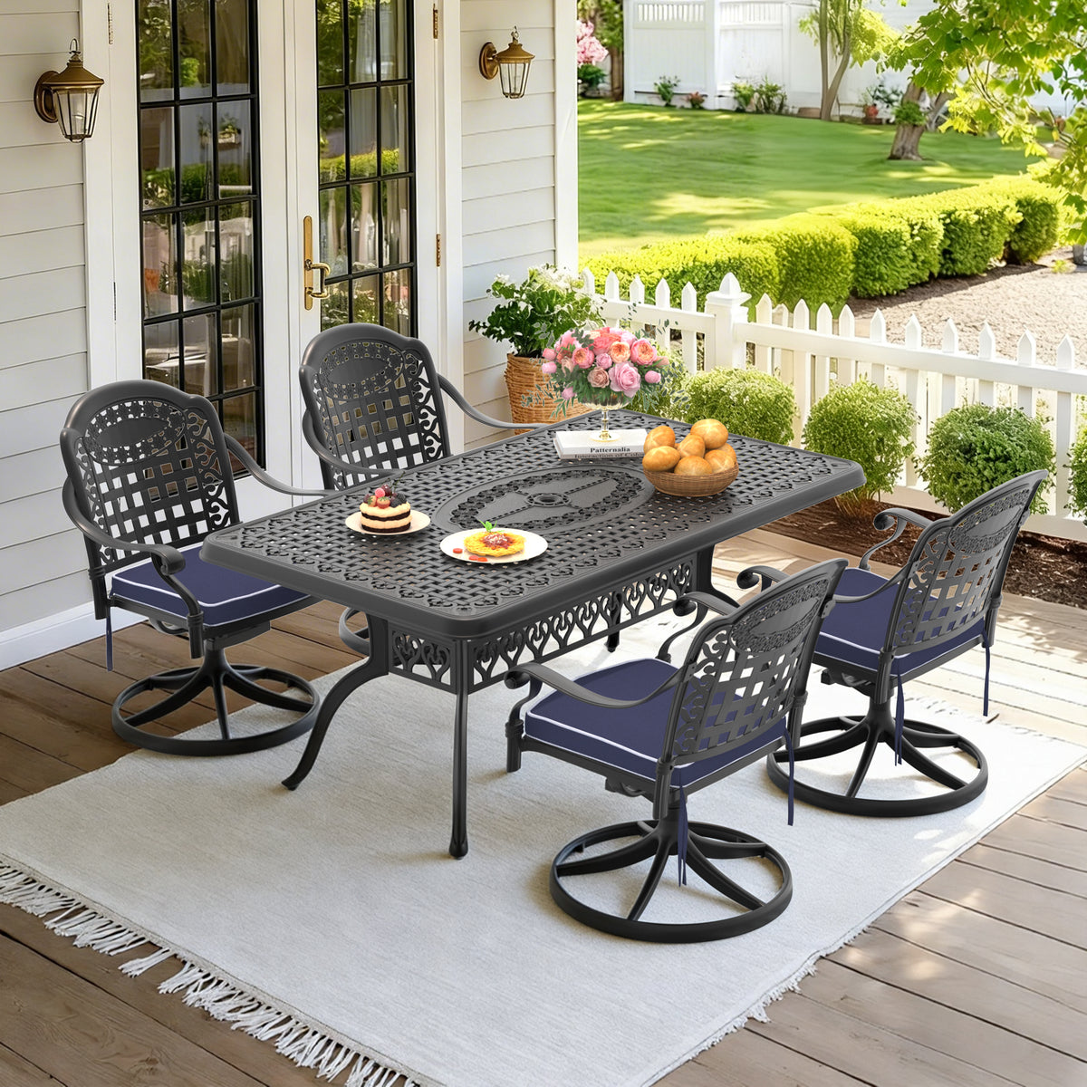 Black Aluminum 5-Piece Patio Dining Set for 4 with Cushions, Swivel