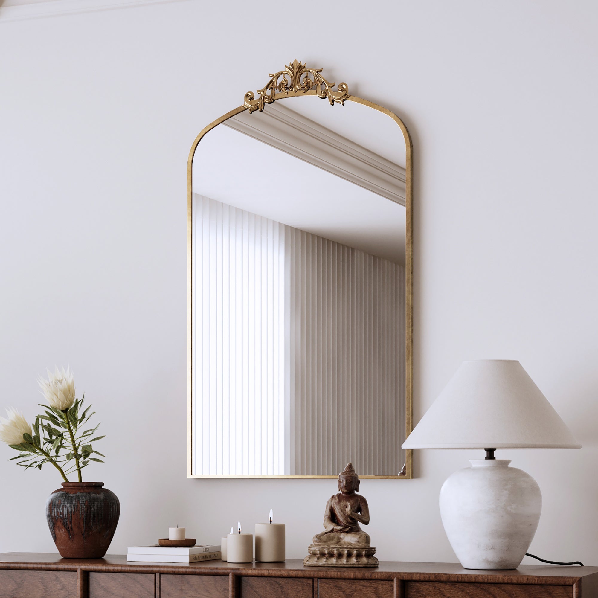 Arched Wall Mirror, 43.3 x 24 Inch Metal Frame, Antique Bronze