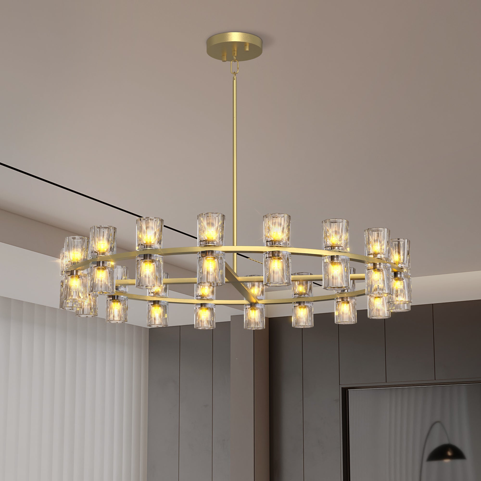 36-Light Round Crystal Chandelier, Gold Iron Frame