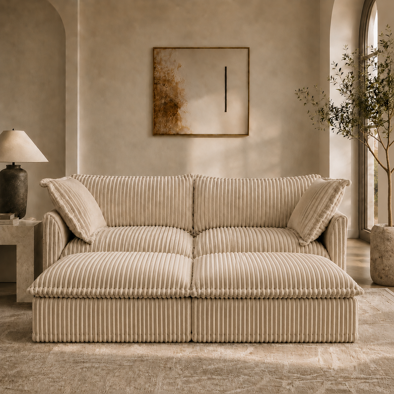 Fluffy 2-Seat Modular Sofa in Corduroy Camel with 2 ottomans, lifestyle photo #OttOnly_2 #Fabric_Corduroy Camel