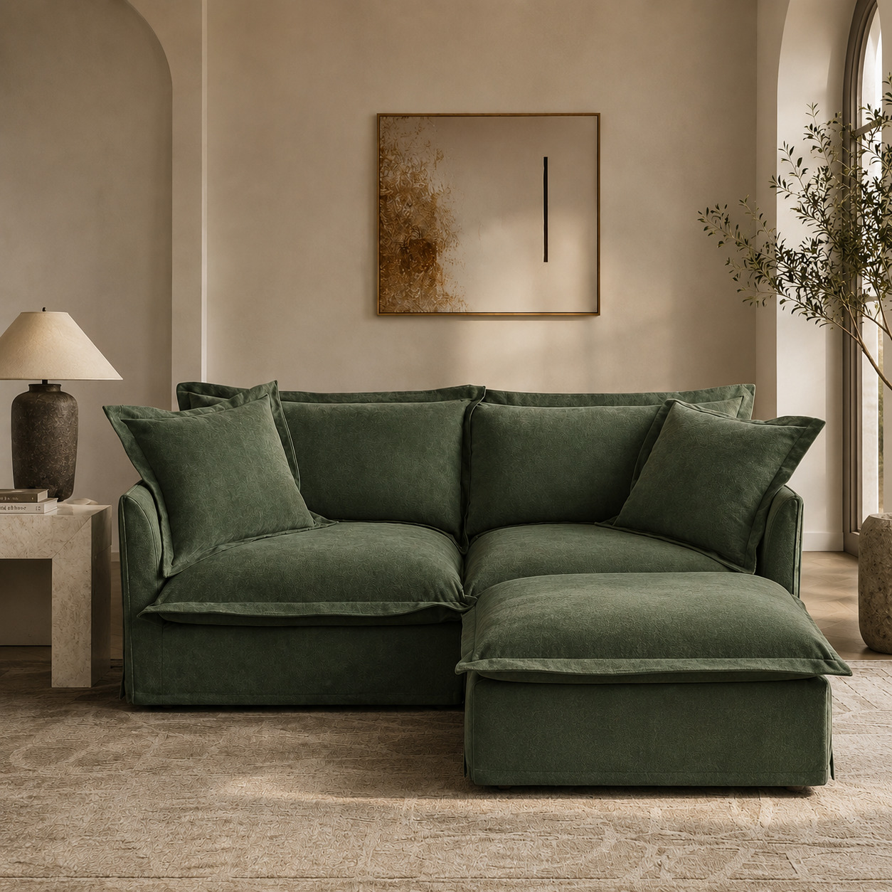 Fluffy 2-Seat Modular Sofa in Chenille Olive with 1 ottoman, lifestyle photo #OttOnly_1 #Fabric_Chenille Olive