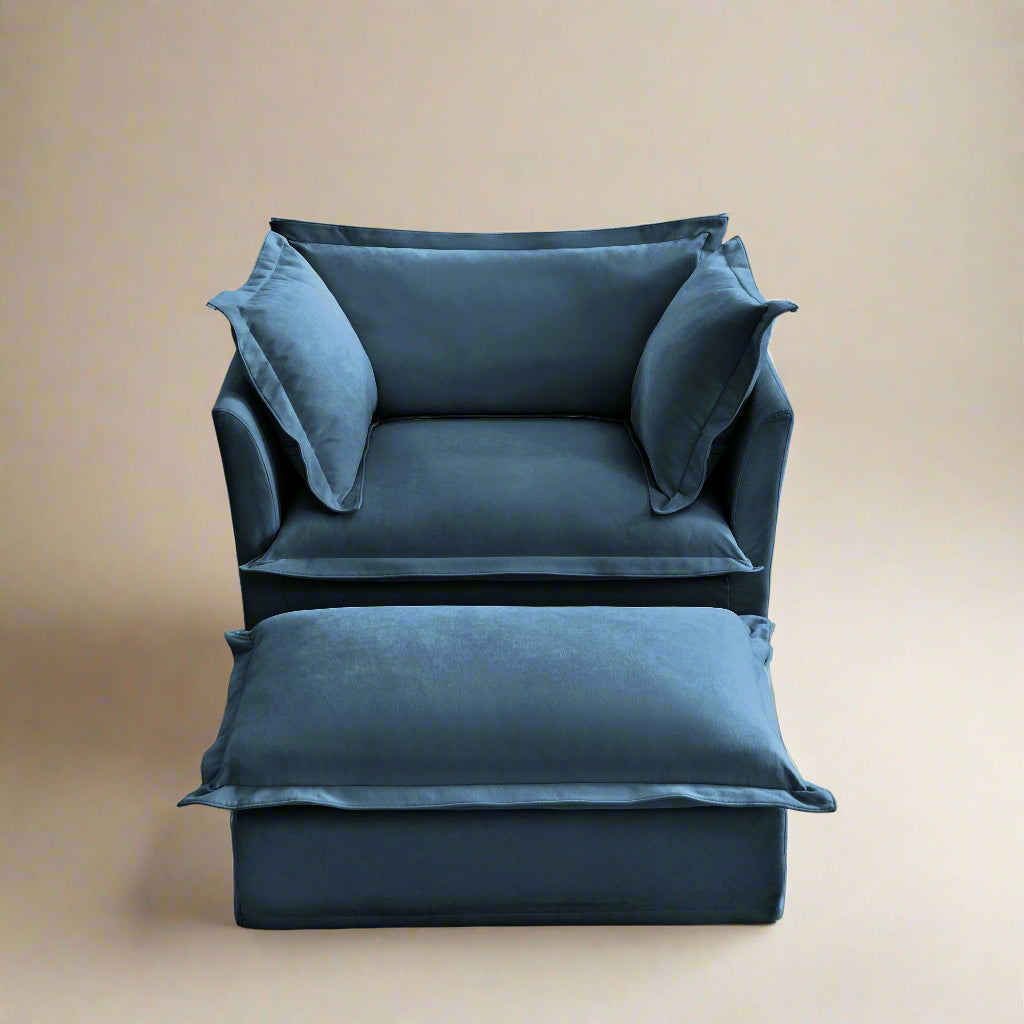 Fluffy Lounge Chair in Chenille Navy with 1 ottoman #Fabric_Chenille Navy