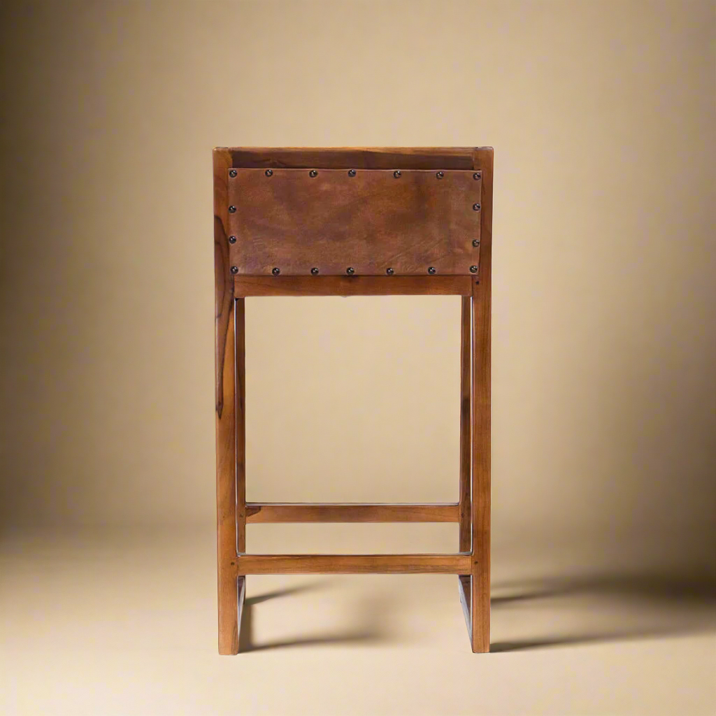 rear shot of genuine leather counter height bar stool for 36 inch counter height with a seat height of 35 showing solid wood and rear leather seat
