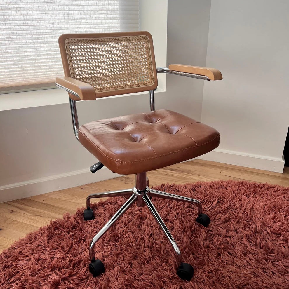 Mid century modern office chair natural hardwood with brown vegan leather seat and stainless steel frame