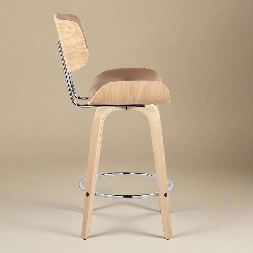 photo of the side profile of one of the set of two swivel counter height bar stools showing the woodgrain patterning on the seat and seatback