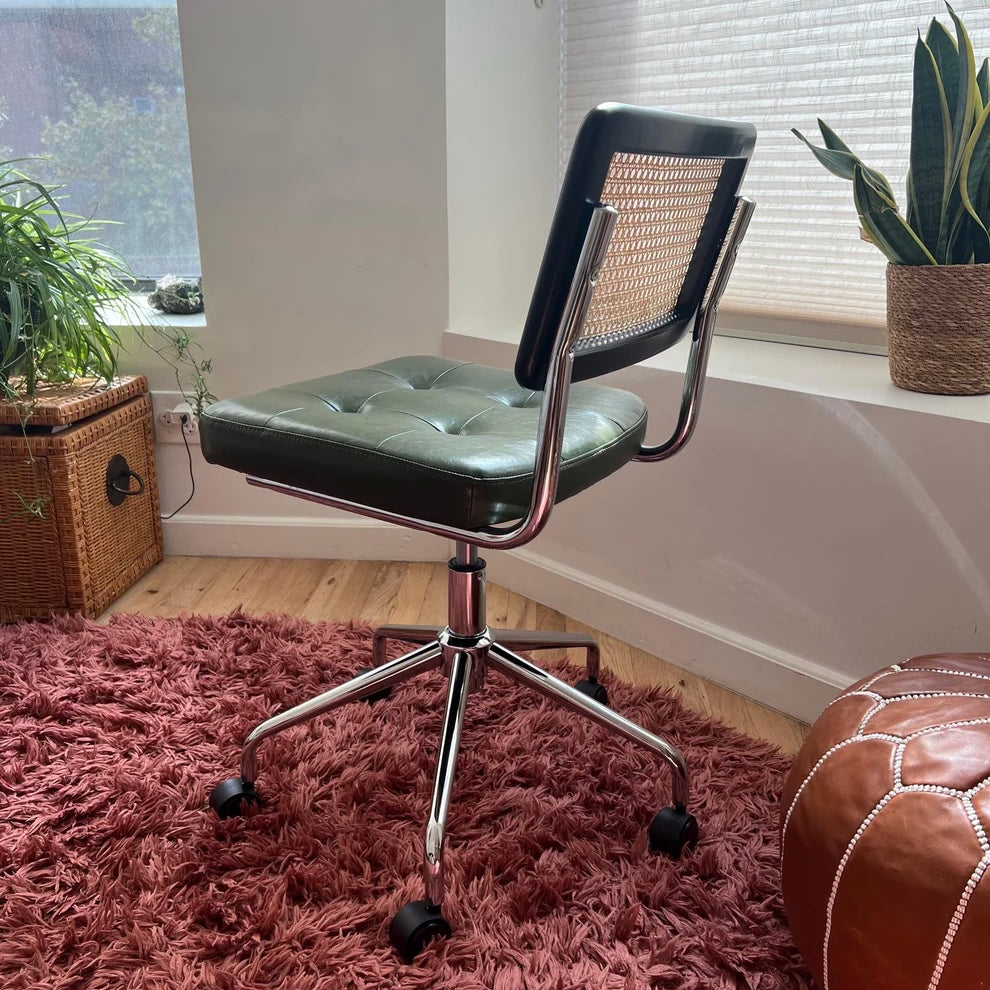 mid century modern style office chair with stainless steel frame green vegan leather seat and rattan back rest