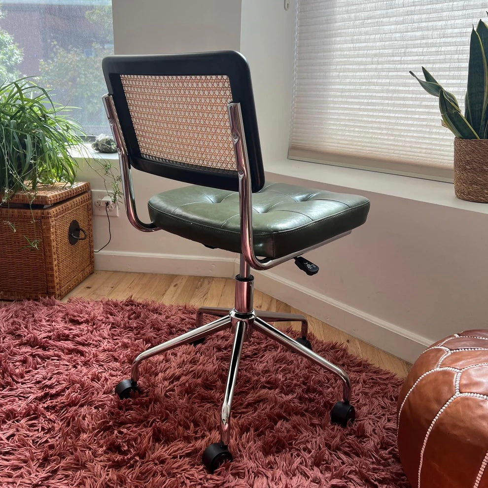 mcm office chair with stainless steel back and green vegan leather seat