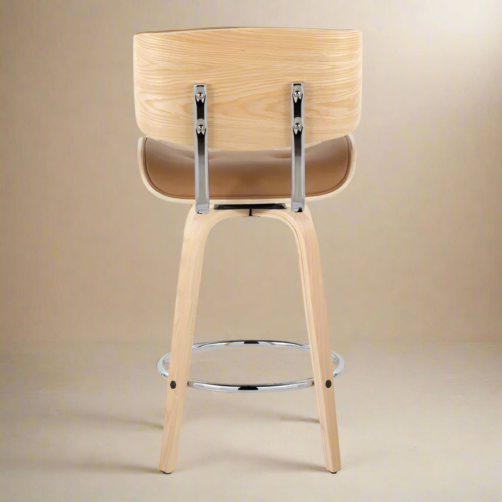 from the rear photo of one of the swivel counter stools with the beautiful solid wood back on display and the stainless steel accents