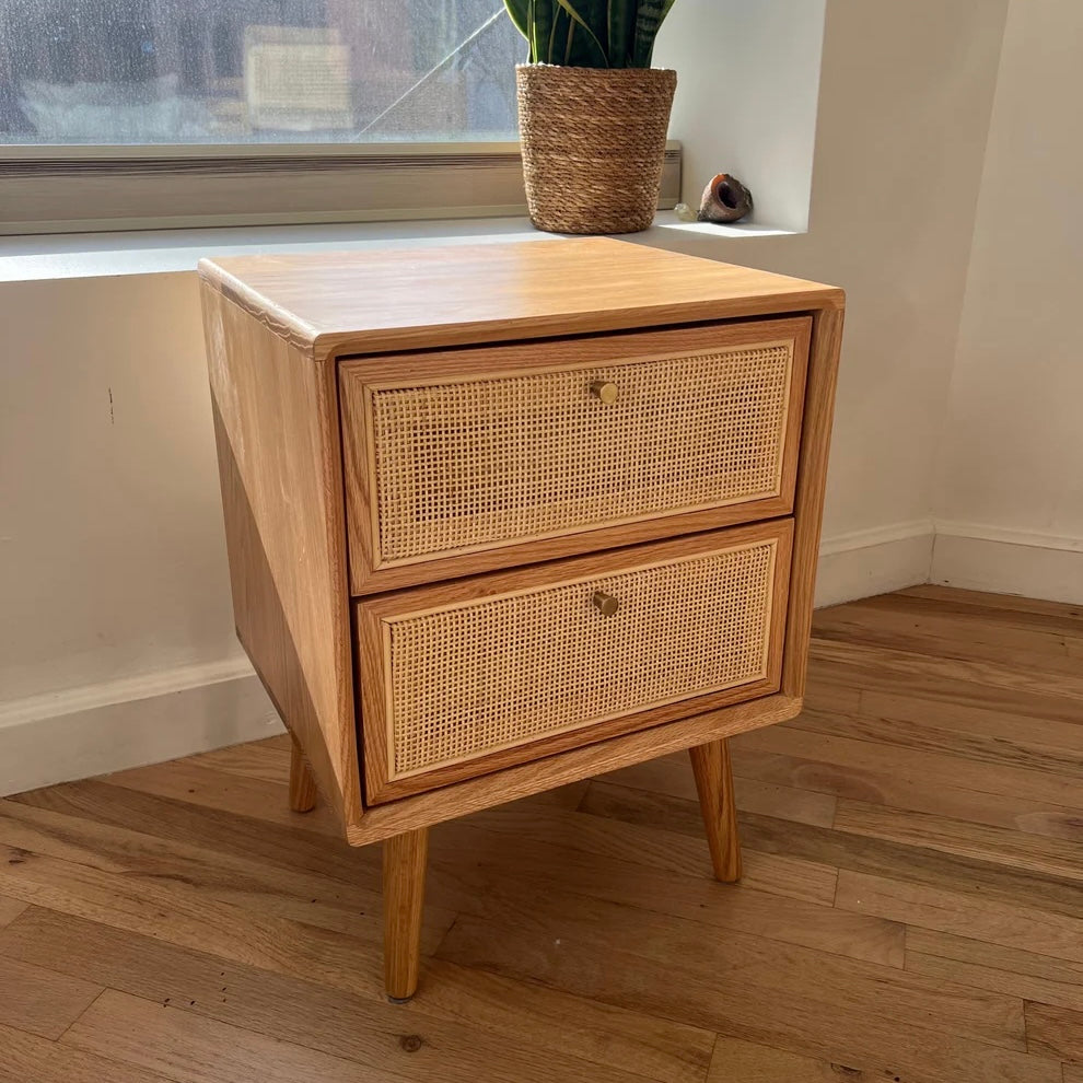 Solid red pine nightstand and bedside table with rattan drawer accents