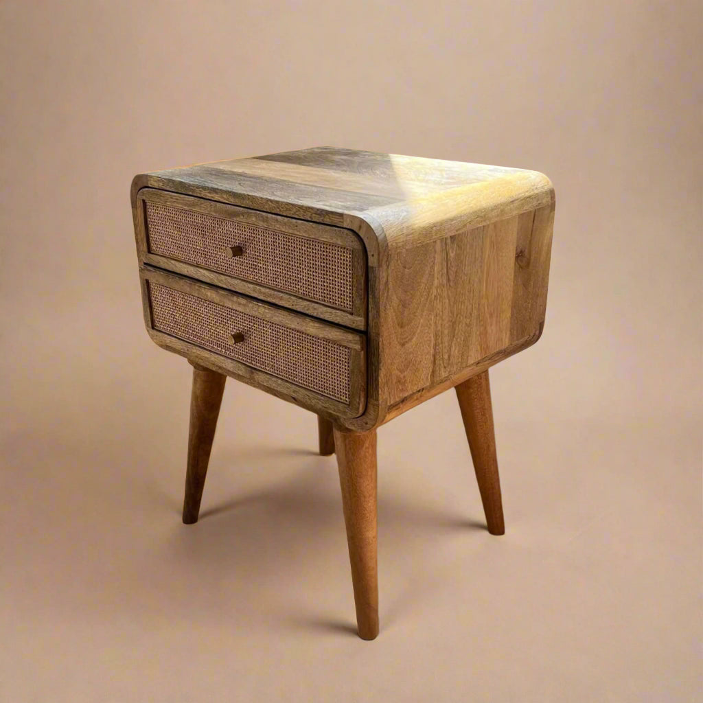 solid wood two drawer bedside table with rattan drawers
