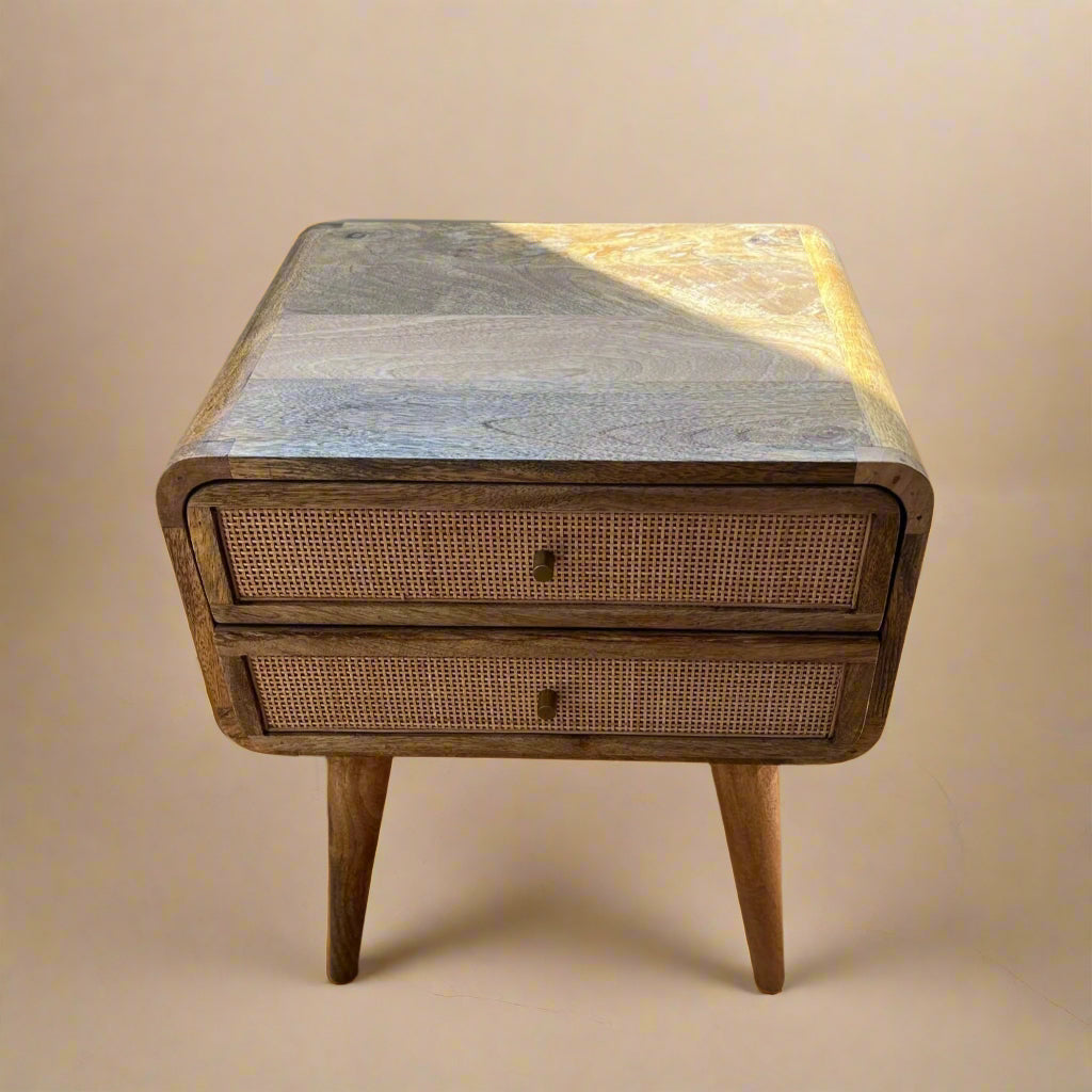 Overview of solid wood 2 drawer nightstand with rattan accents
