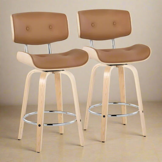 solid wood and vegan leather set of two swivel counter stools with tan leather and natural wood color and stainless steel accents