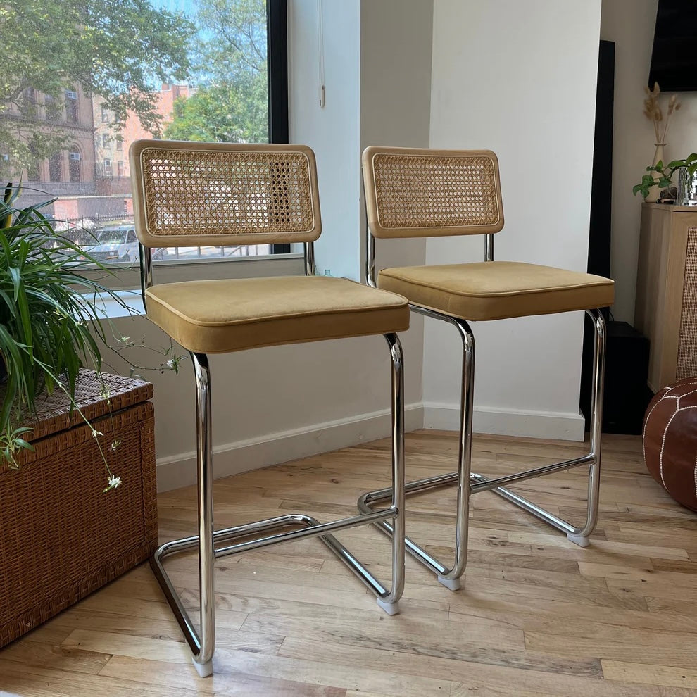 room shot of counter height bar stools 26 inch seat height stainless steel frame and yellow velvet seat