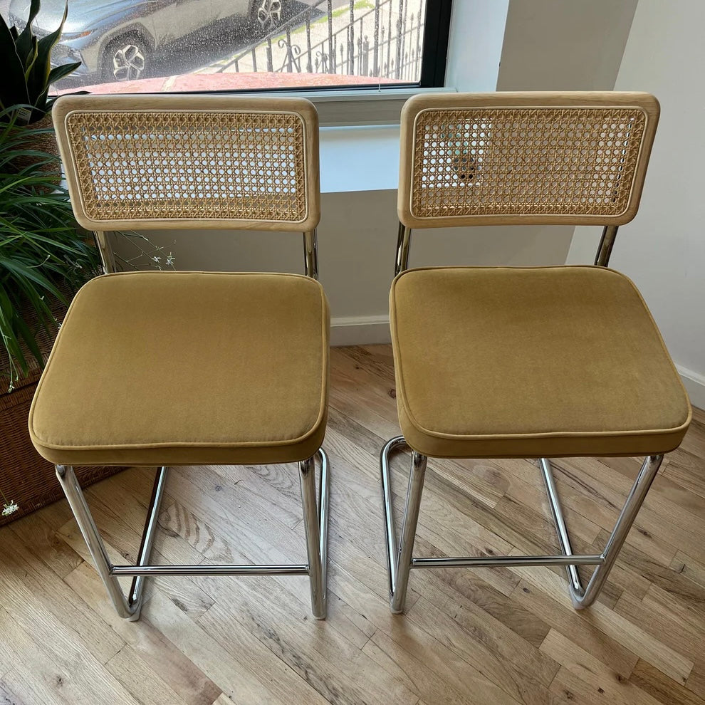 overview of yellow velvet seats on counter height bar stools 26 inch seat height