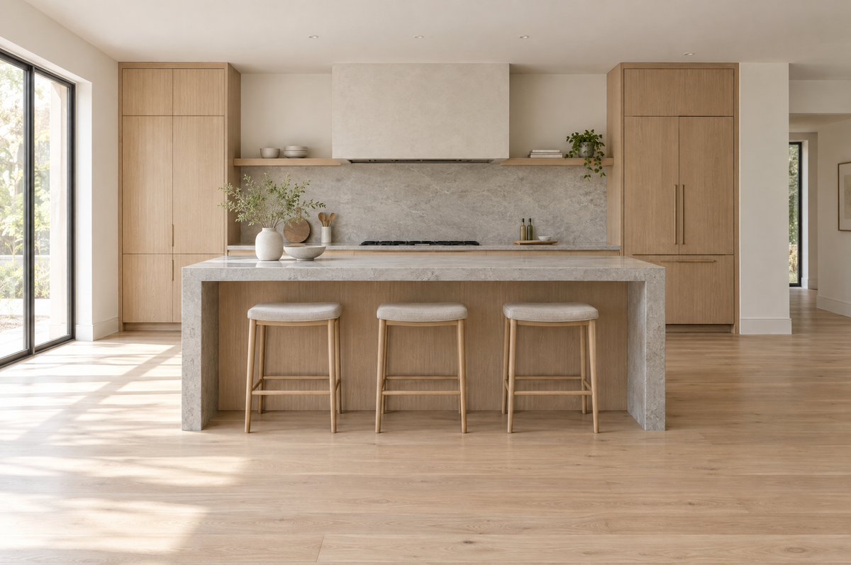 A bright kitchen island with three counter height stools tucked partway under the overhang, showing the clearance gap between the seats and the underside of the counter