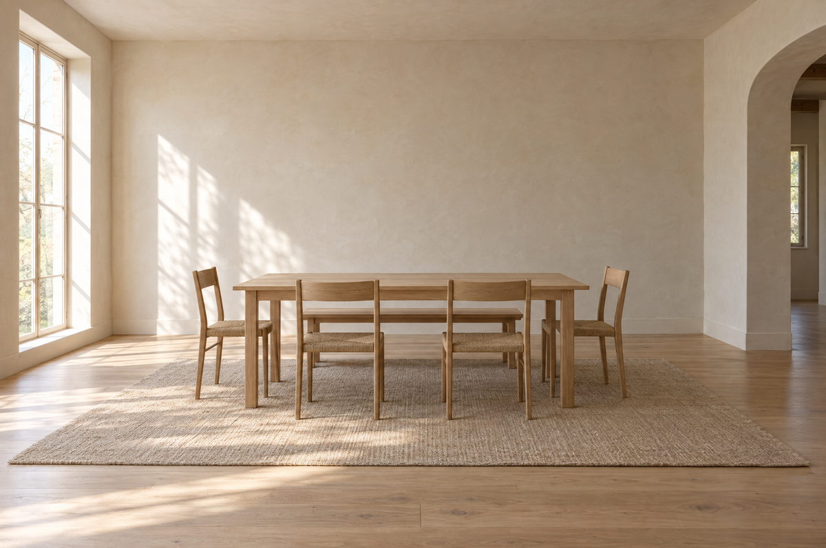 A sunlit dining room with a light oak table, four wooden chairs and a backless bench, on a rug that extends well past the table on every side